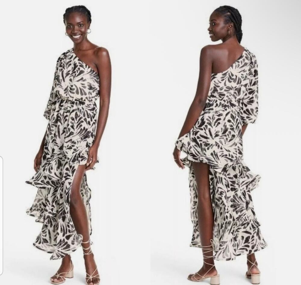 Alexis x Target Botanical One Shoulder Black White Ruffle Chiffon Dress M floral